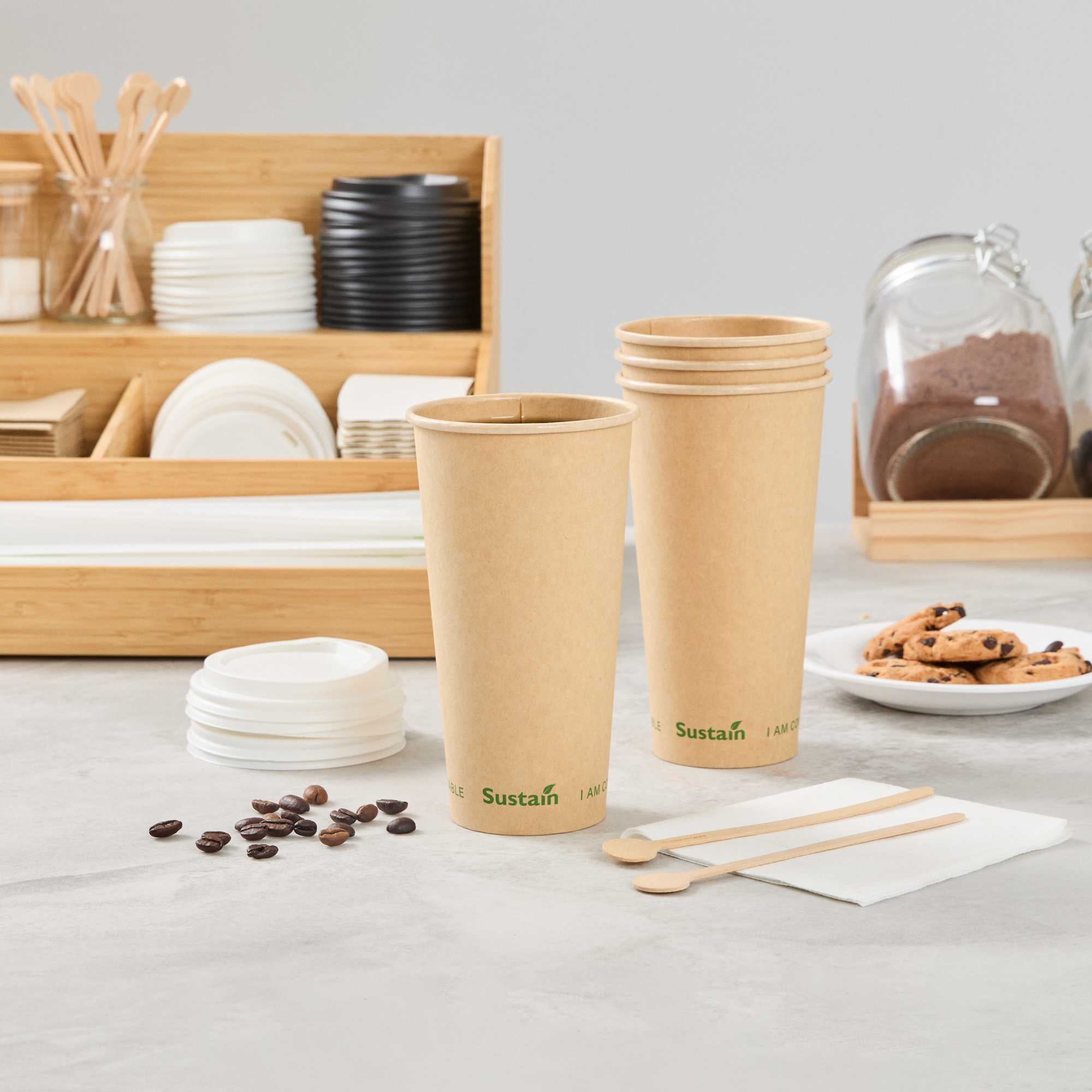 Sustain 20 oz Kraft Paper Coffee Cup - PLA Lining, Compostable, Single Wall - 3 1/2" x 3 1/2" x 6 1/4" - 50 count box