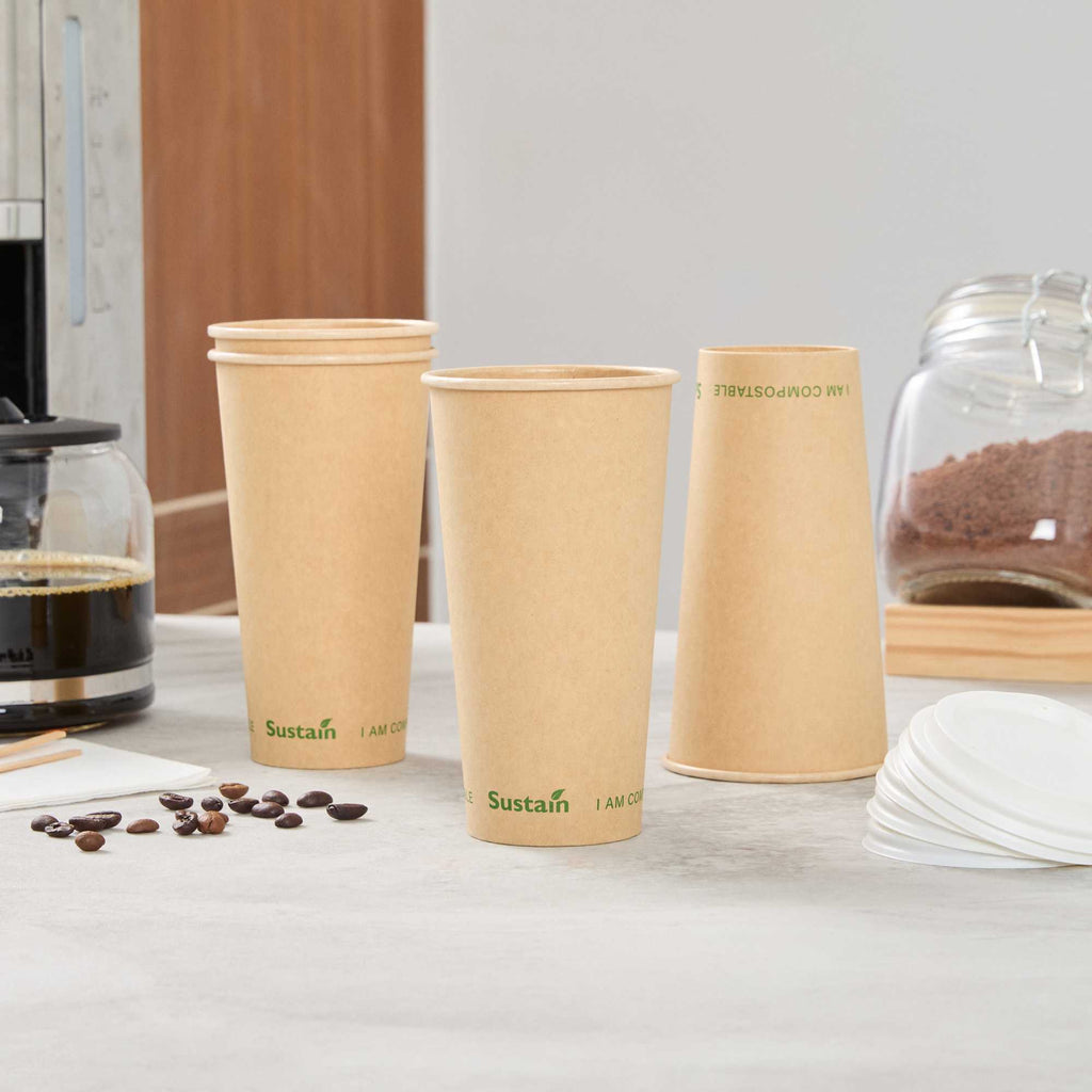 Sustain 20 oz Kraft Paper Coffee Cup - PLA Lining, Compostable, Single Wall - 3 1/2" x 3 1/2" x 6 1/4" - 50 count box
