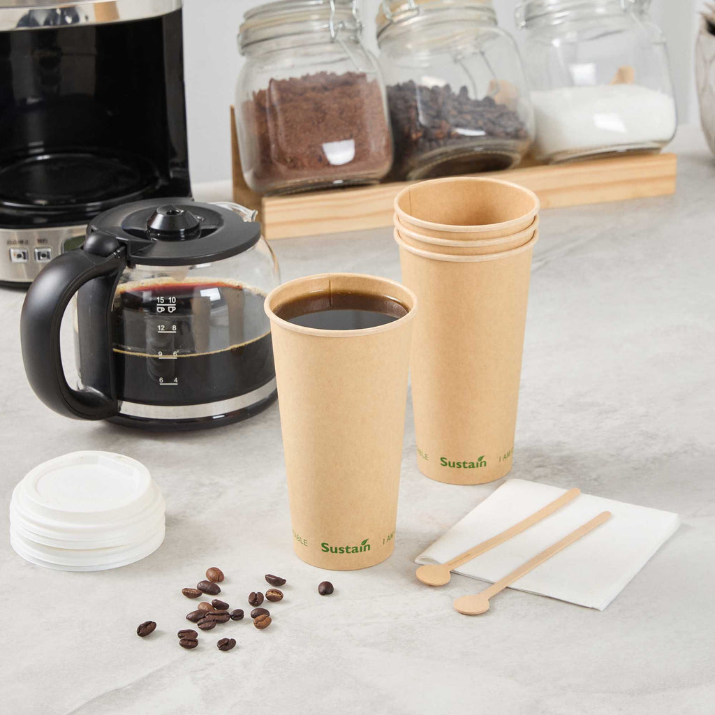 Sustain 20 oz Kraft Paper Coffee Cup - PLA Lining, Compostable, Single Wall - 3 1/2" x 3 1/2" x 6 1/4" - 50 count box