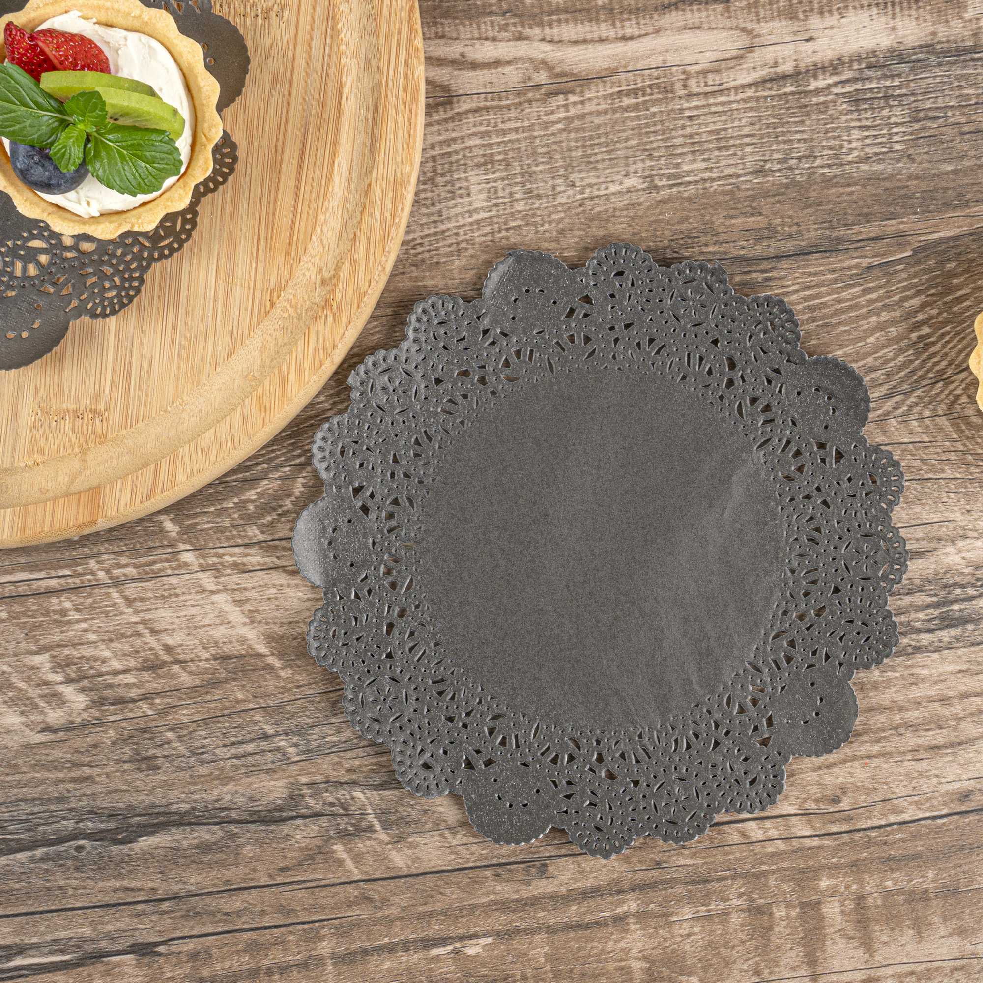 Pastry Tek Round Black Paper Doilies - Lace - 8" x 8" - 100 count box