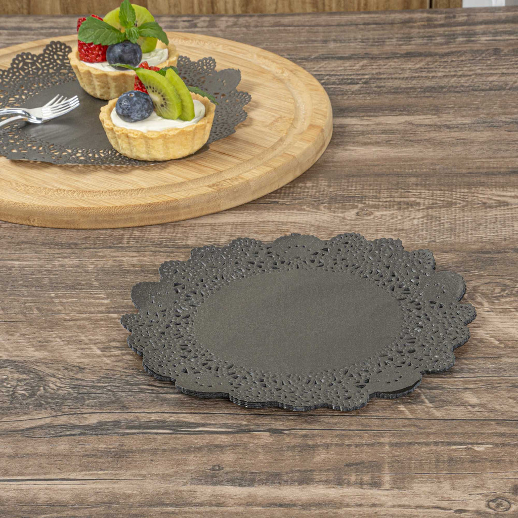 Pastry Tek Round Black Paper Doilies - Lace - 8" x 8" - 100 count box