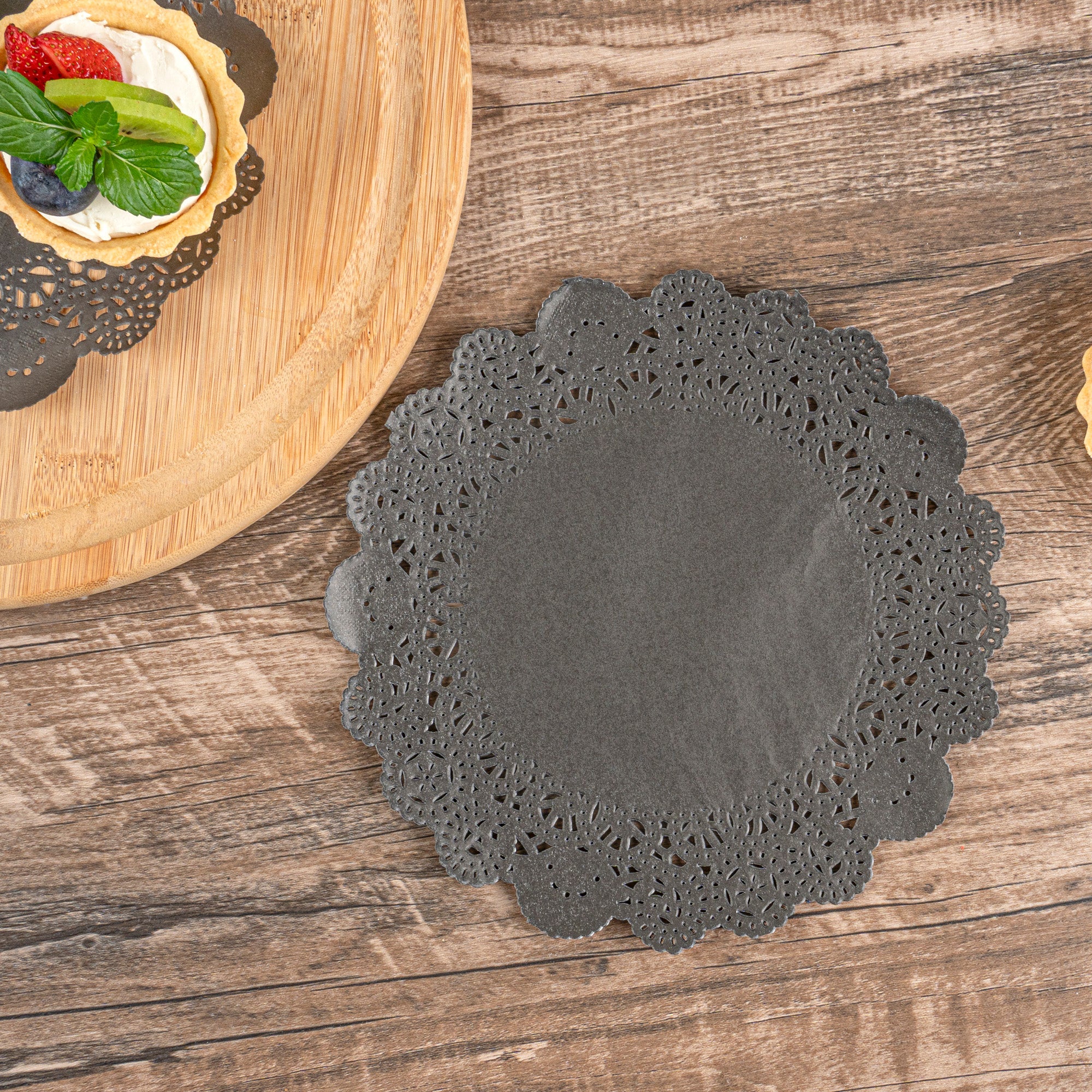 Pastry Tek Round Black Paper Doilies - Lace - 8" x 8" - 4000 count box