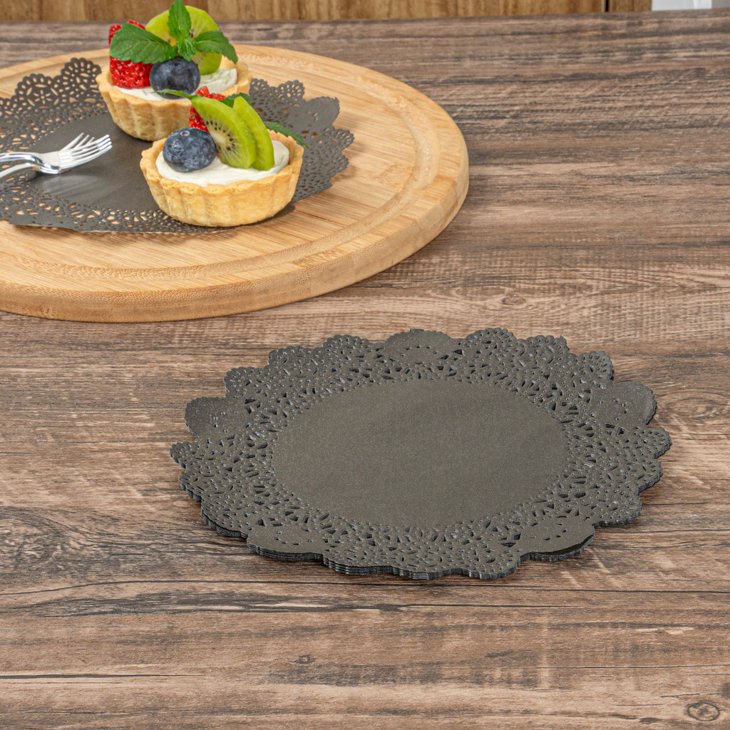 Pastry Tek Round Black Paper Doilies - Lace - 8" x 8" - 4000 count box