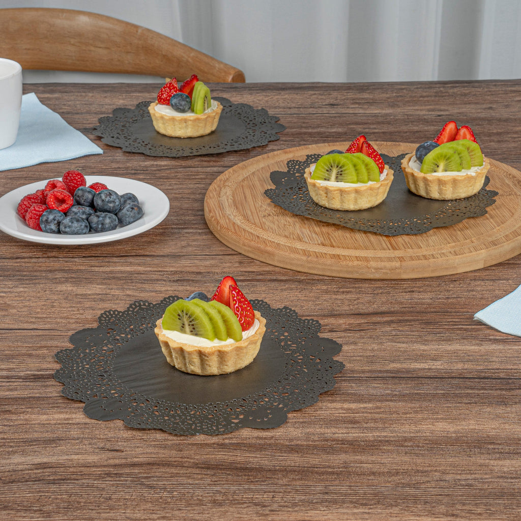 Pastry Tek Round Black Paper Doilies - Lace - 8" x 8" - 4000 count box