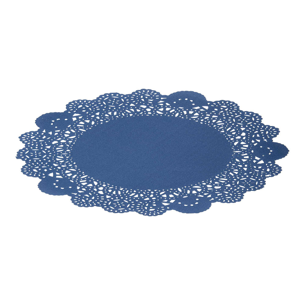Pastry Tek Round Navy Blue Paper Doilies - Lace - 8" x 8" - 100 count box
