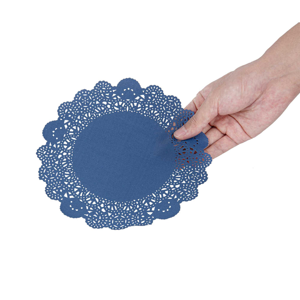 Pastry Tek Round Navy Blue Paper Doilies - Lace - 8" x 8" - 100 count box