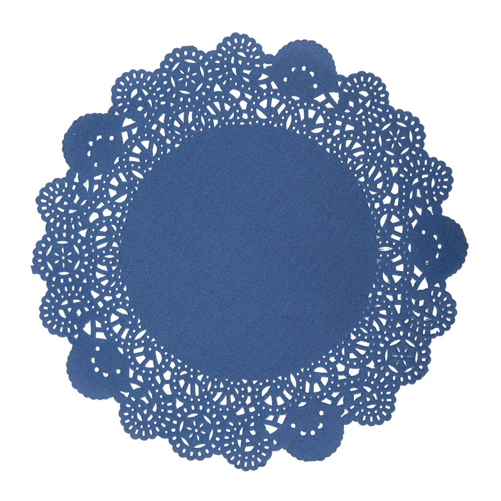 Pastry Tek Round Navy Blue Paper Doilies - Lace - 8" x 8" - 100 count box
