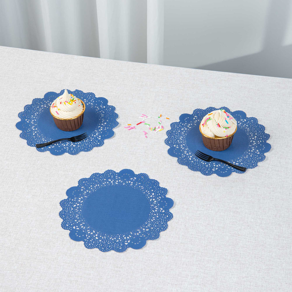 Pastry Tek Round Navy Blue Paper Doilies - Lace - 8" x 8" - 100 count box