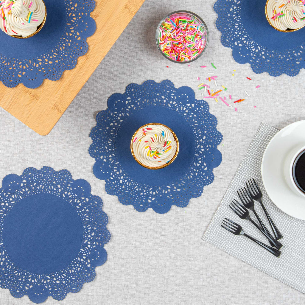 Pastry Tek Round Navy Blue Paper Doilies - Lace - 8" x 8" - 100 count box