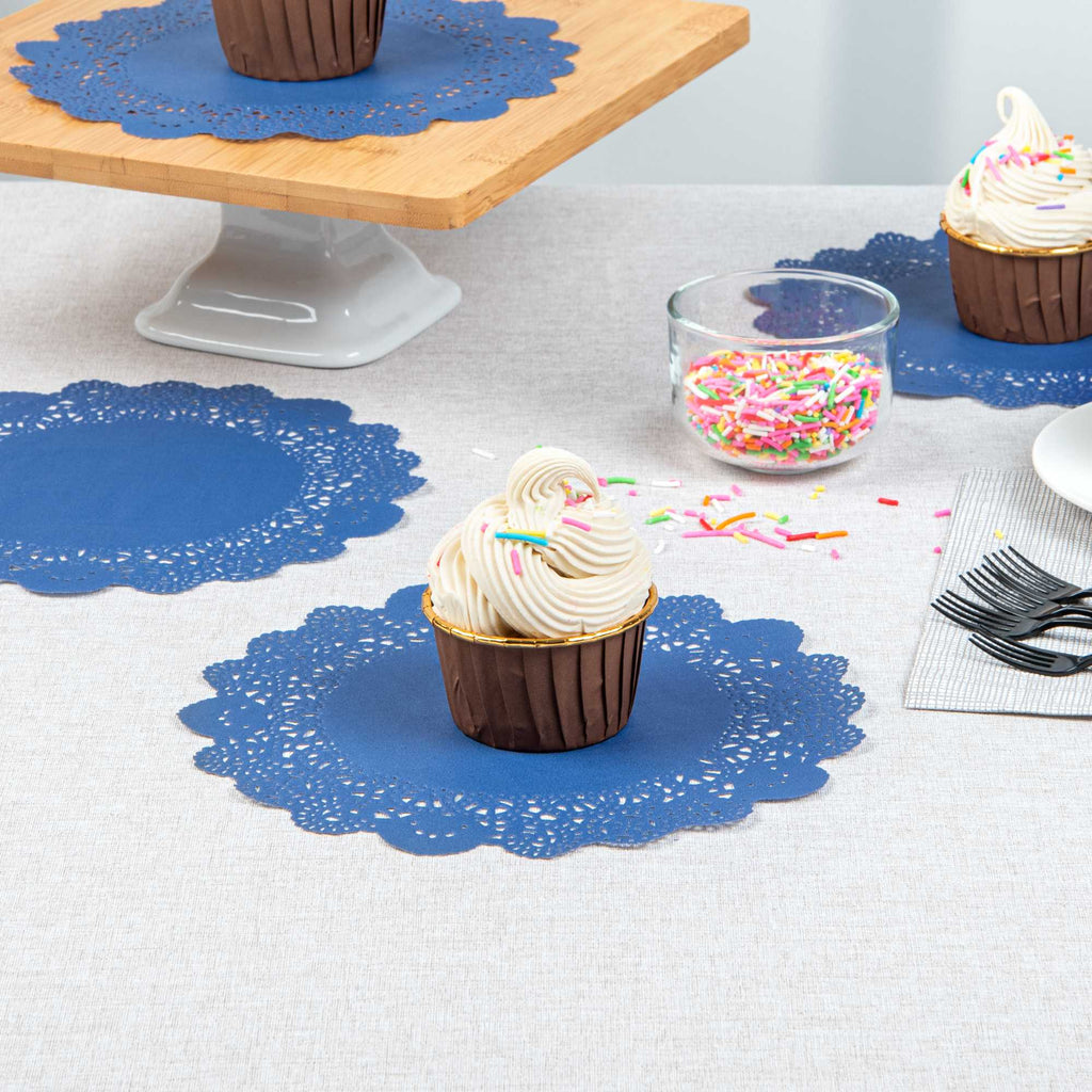 Pastry Tek Round Navy Blue Paper Doilies - Lace - 8" x 8" - 100 count box