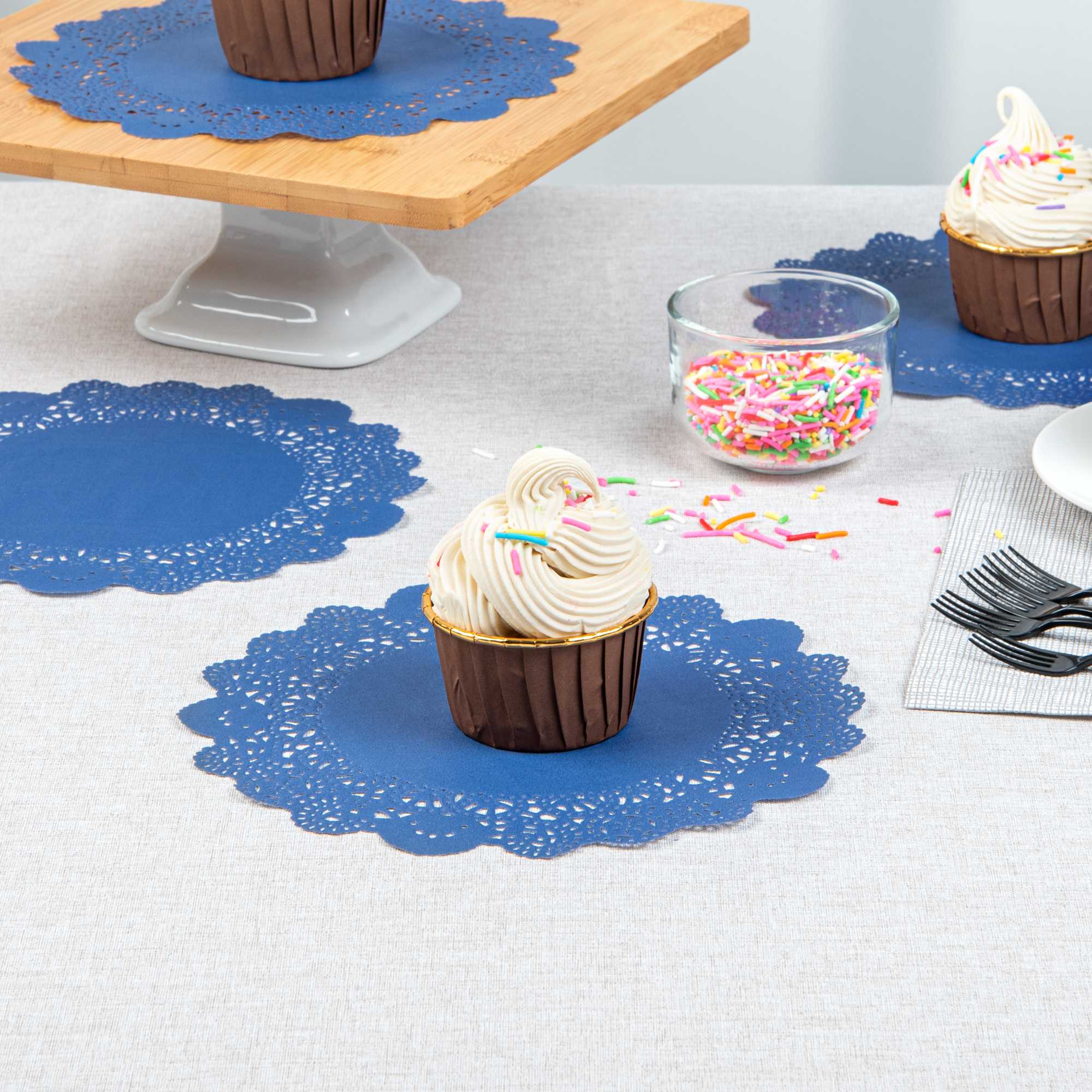 Pastry Tek Round Navy Blue Paper Doilies - Lace - 8" x 8" - 100 count box