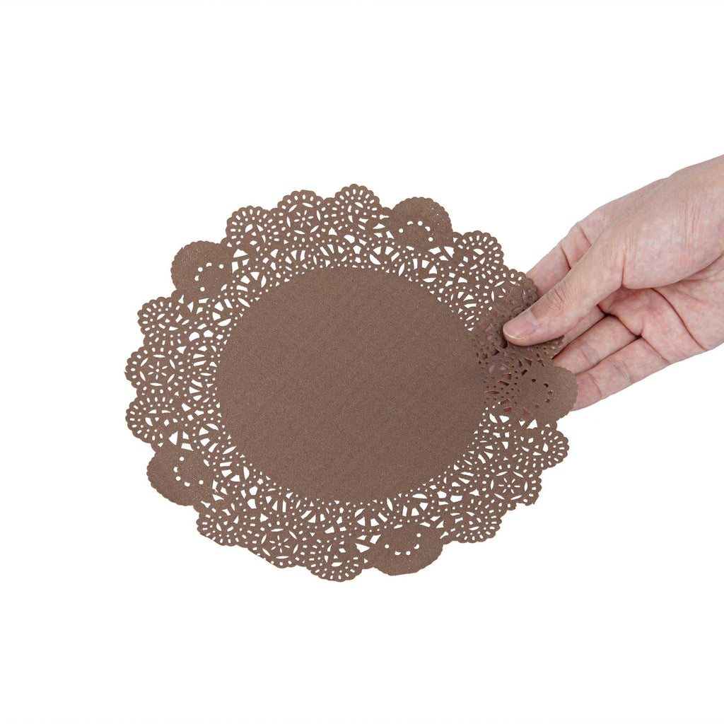 Pastry Tek Round Brown Paper Doilies - Lace - 8" x 8" - 100 count box