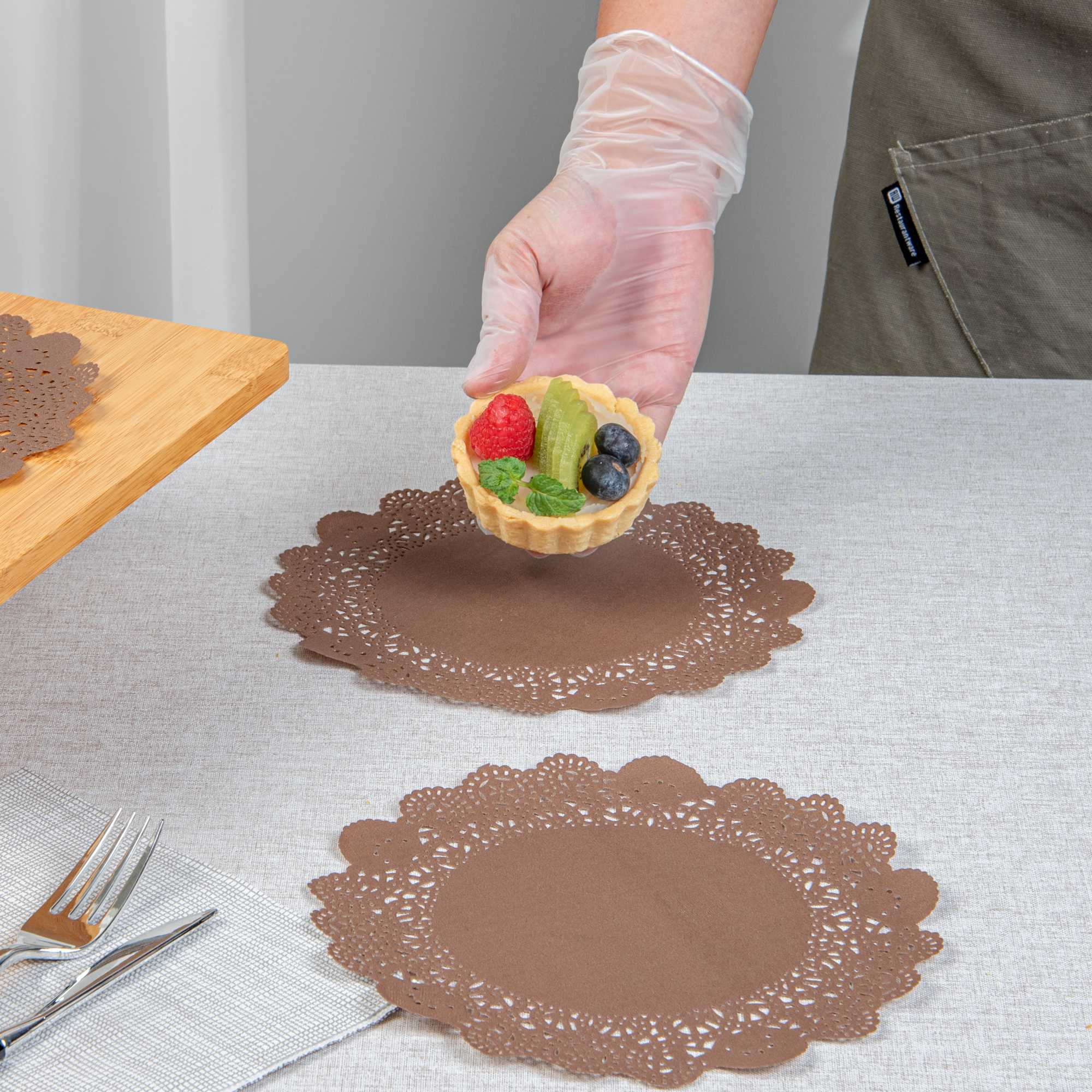 Pastry Tek Round Brown Paper Doilies - Lace - 8" x 8" - 100 count box