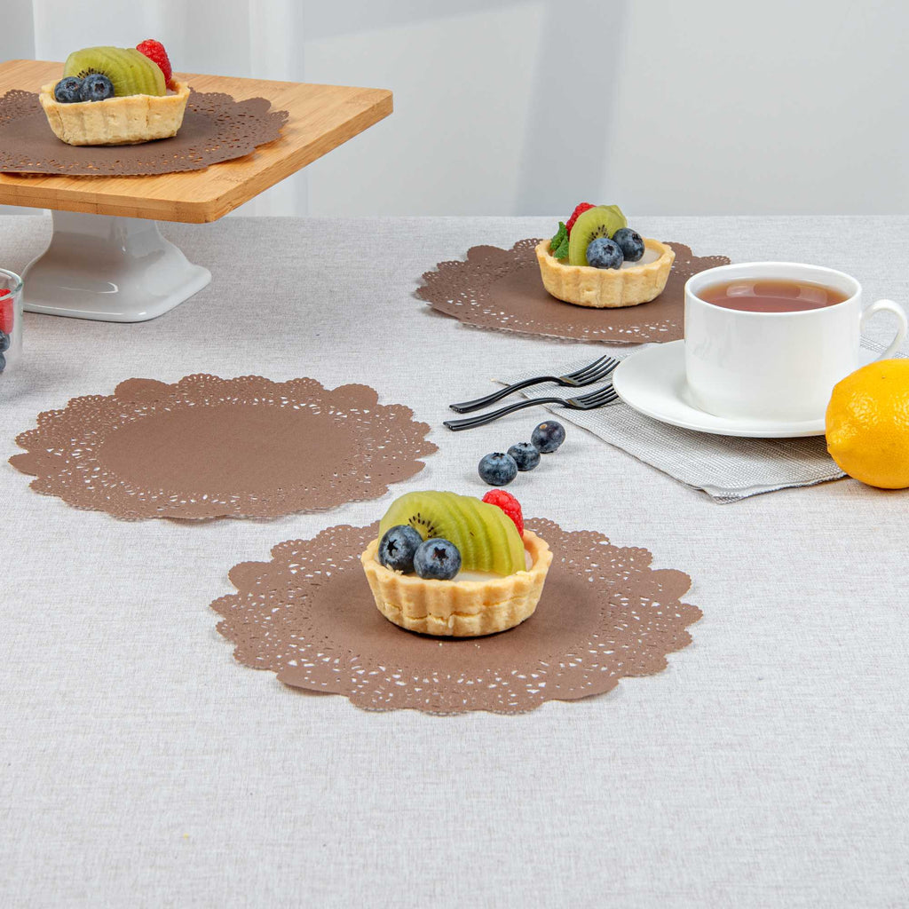 Pastry Tek Round Brown Paper Doilies - Lace - 8" x 8" - 100 count box