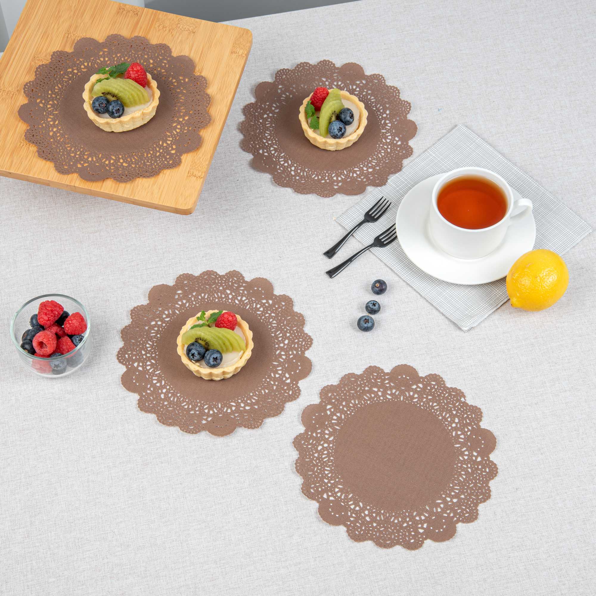Pastry Tek Round Brown Paper Doilies - Lace - 8" x 8" - 4000 count box
