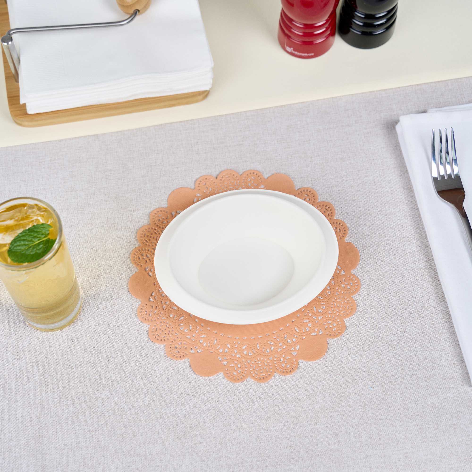 Pastry Tek Round Coral Paper Doilies - Lace - 8" x 8" - 100 count box