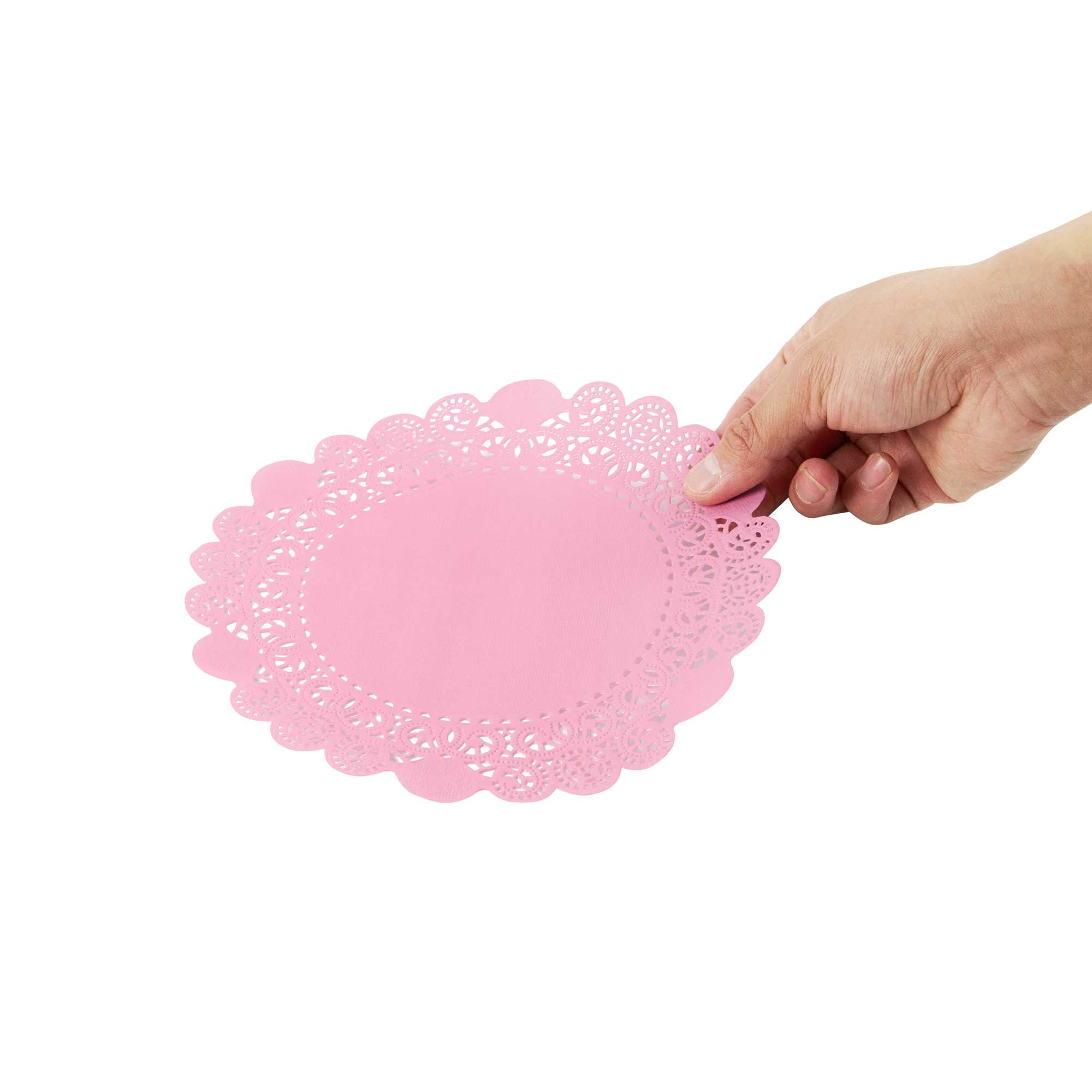 Pastry Tek Round Pink Paper Doilies - Lace - 8" x 8" - 100 count box