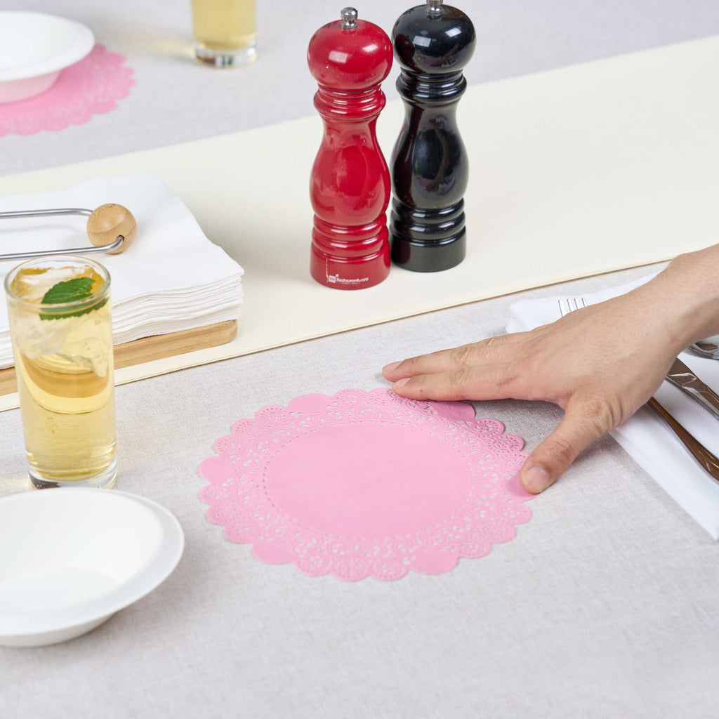Pastry Tek Round Pink Paper Doilies - Lace - 8" x 8" - 100 count box