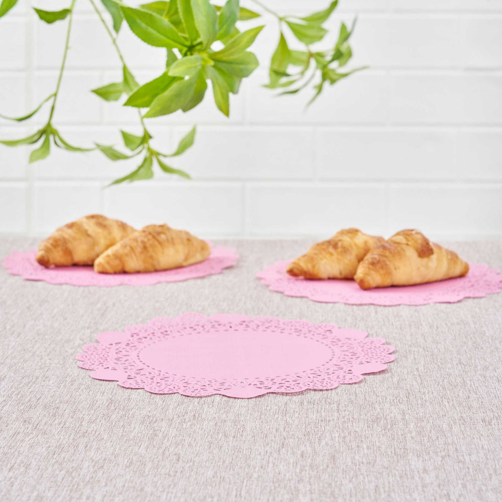 Pastry Tek Round Pink Paper Doilies - Lace - 8" x 8" - 100 count box