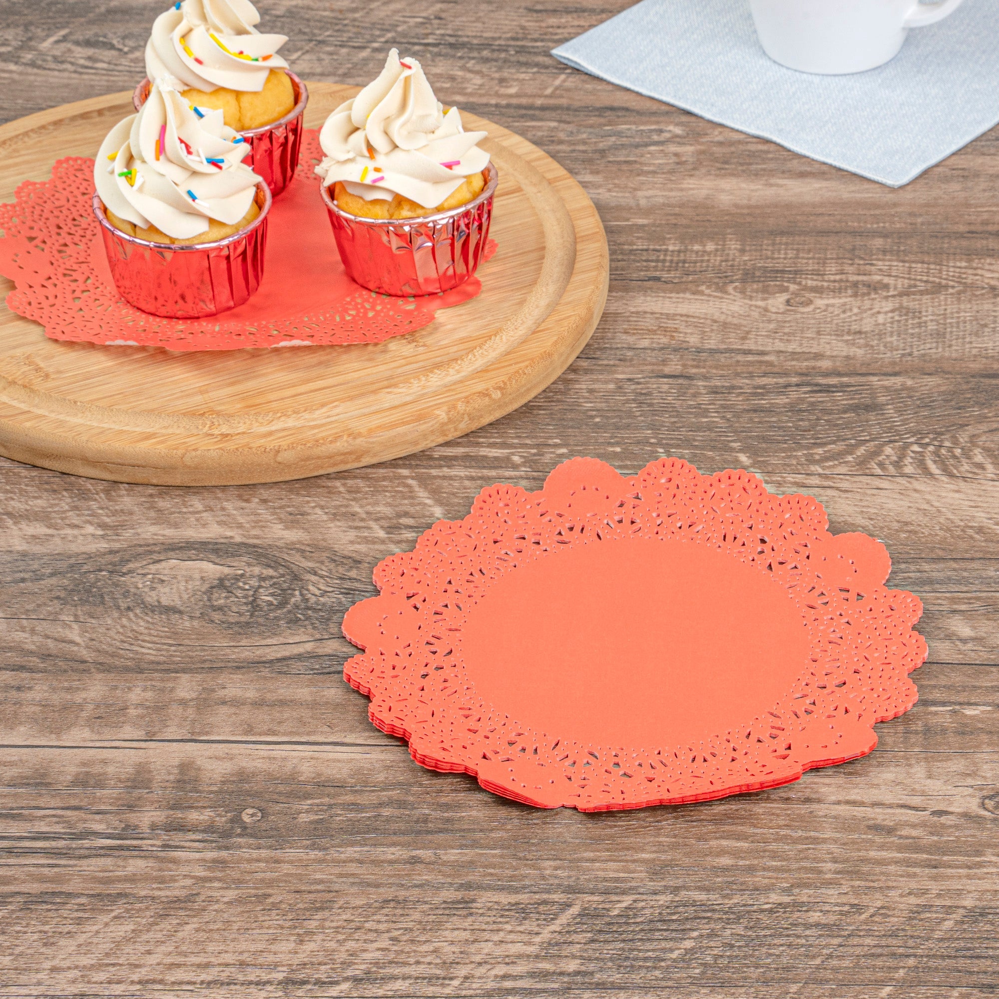 Pastry Tek Round Red Paper Doilies - Lace - 8" x 8" - 100 count box