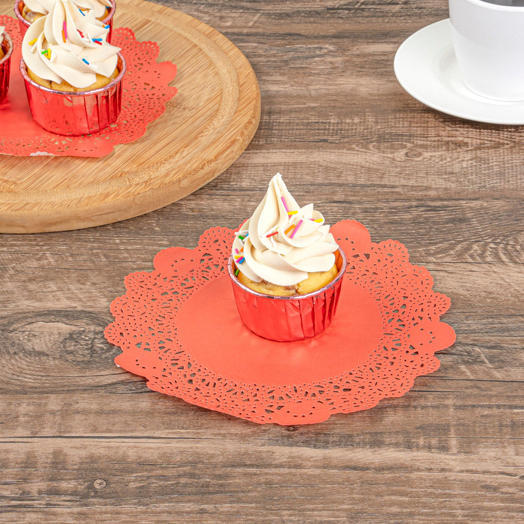 Pastry Tek Round Red Paper Doilies - Lace - 8" x 8" - 4000 count box