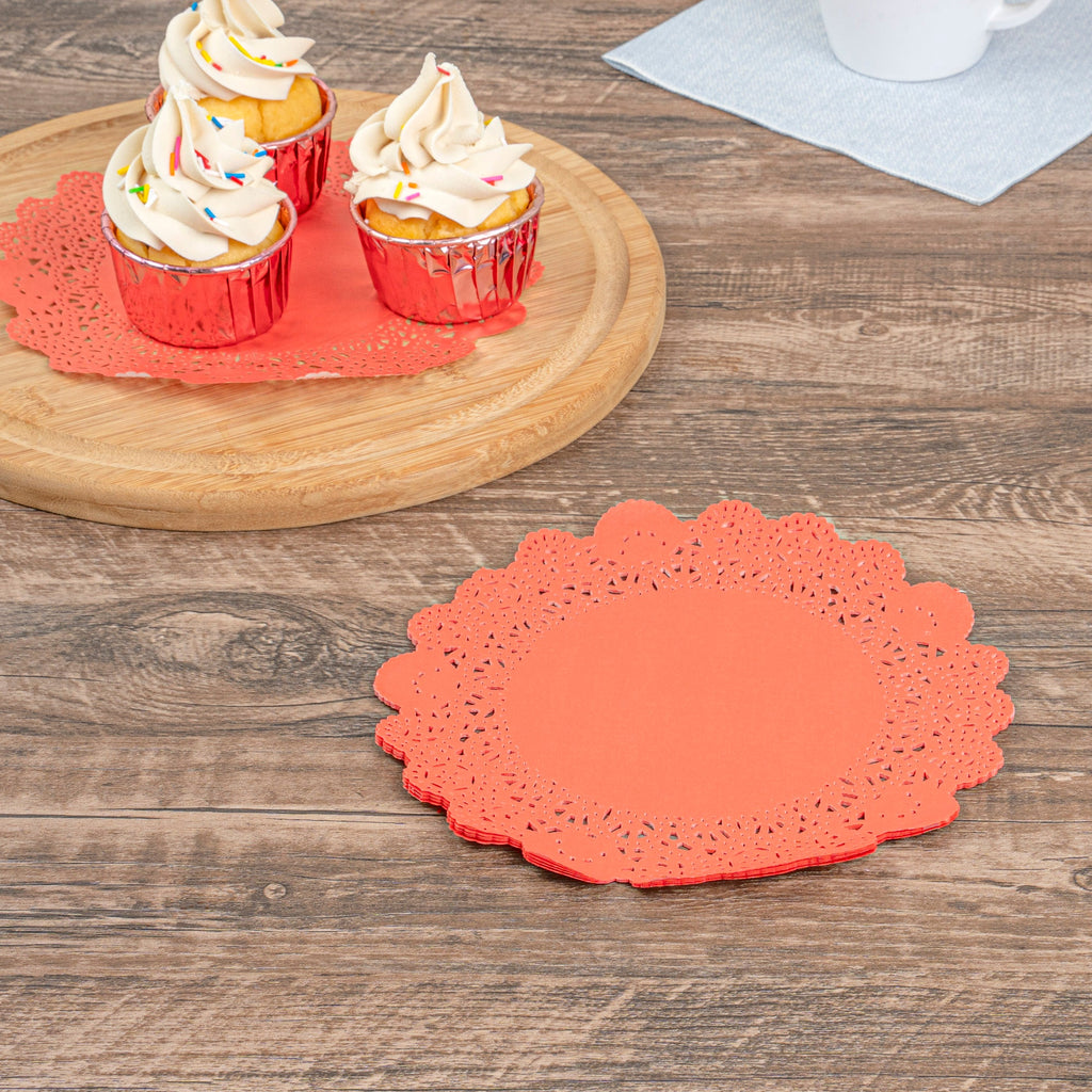 Pastry Tek Round Red Paper Doilies - Lace - 8" x 8" - 4000 count box
