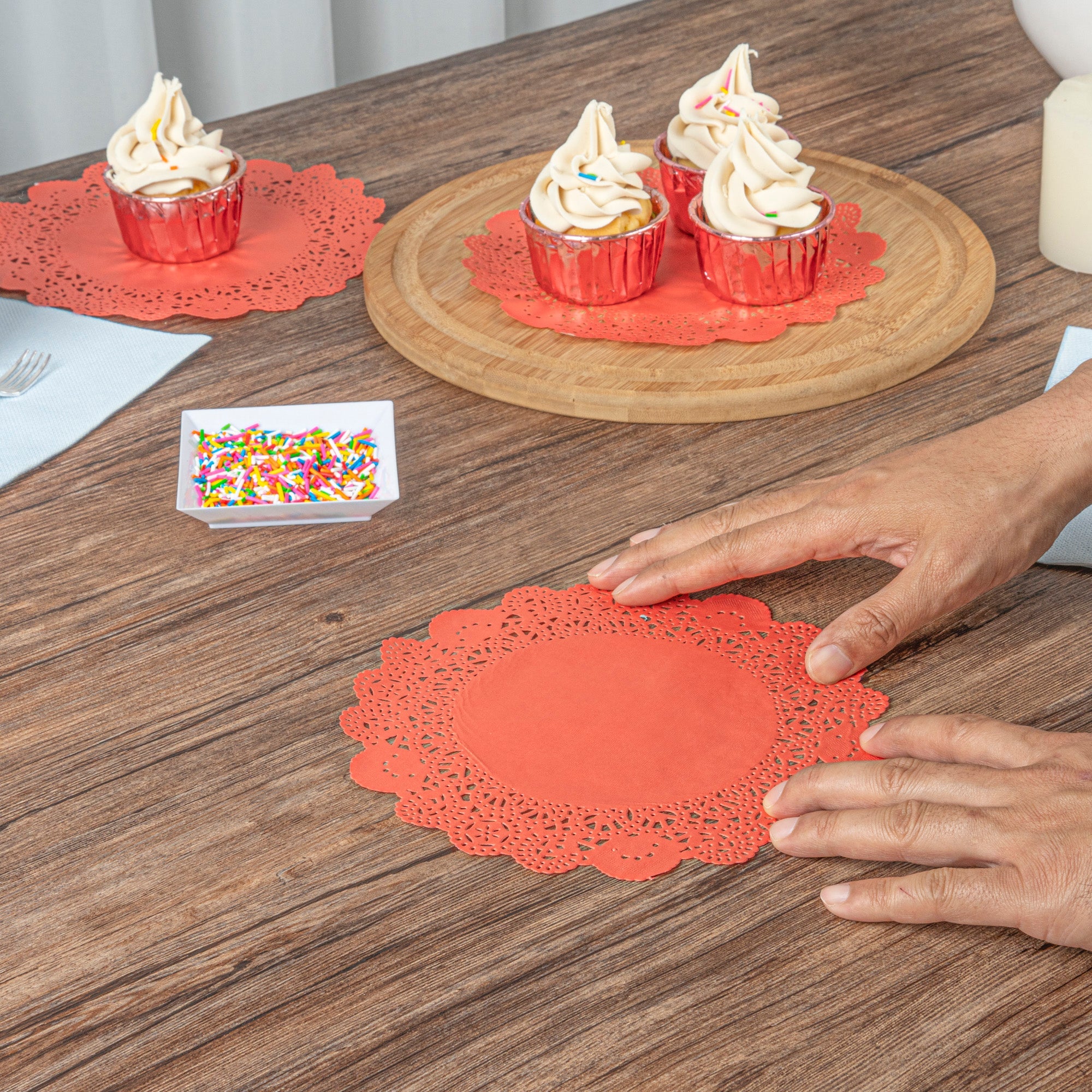 Pastry Tek Round Red Paper Doilies - Lace - 8" x 8" - 4000 count box