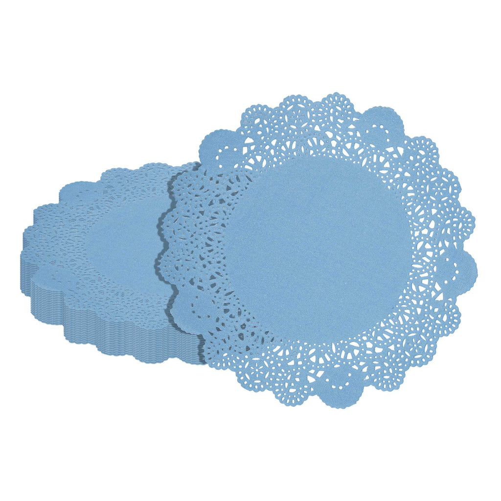 Pastry Tek Round Sky Blue Paper Doilies - Lace - 8" x 8" - 100 count box