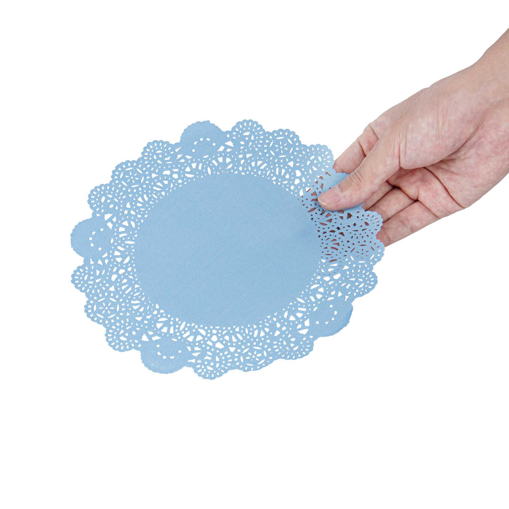 Pastry Tek Round Sky Blue Paper Doilies - Lace - 8" x 8" - 100 count box