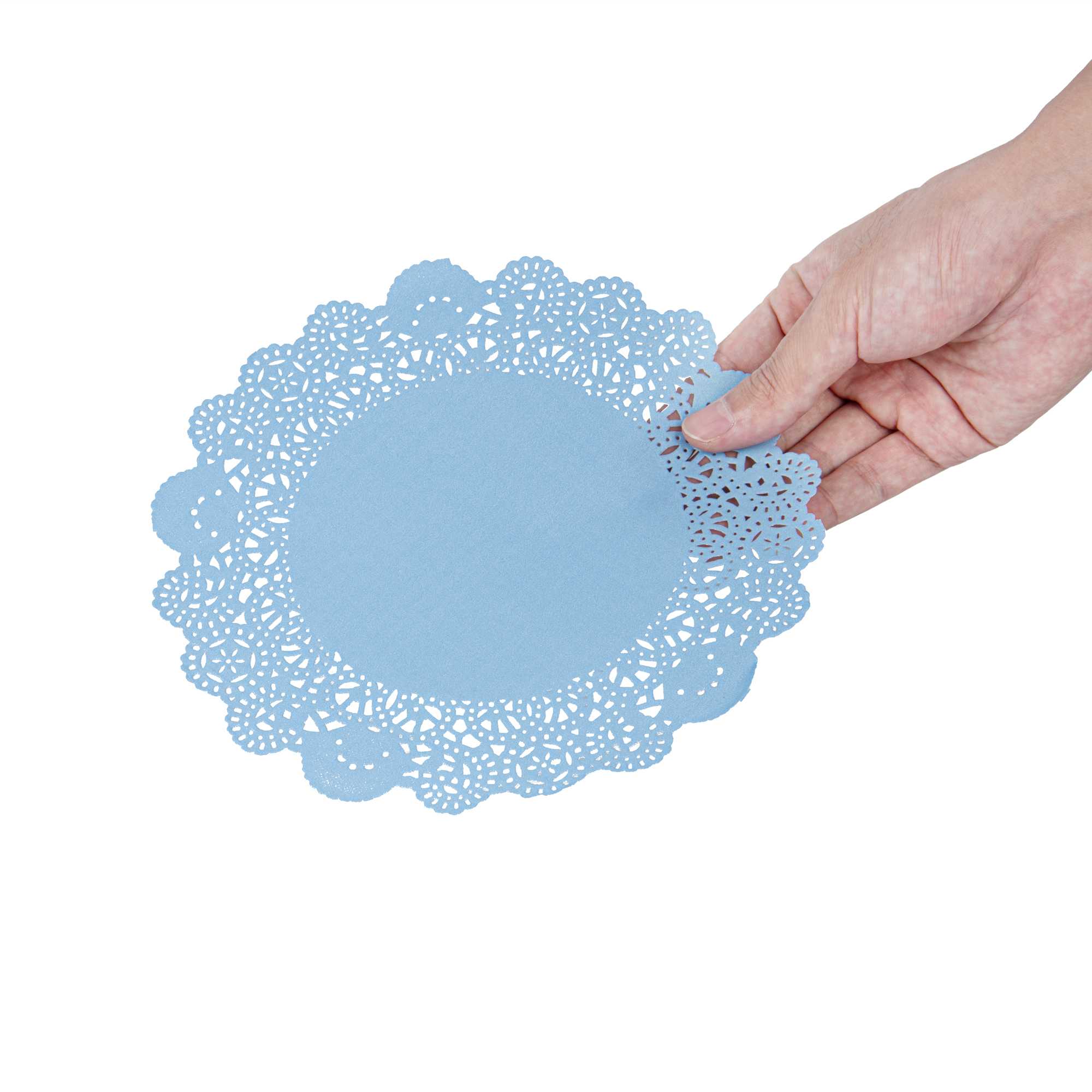 Pastry Tek Round Sky Blue Paper Doilies - Lace - 8" x 8" - 100 count box