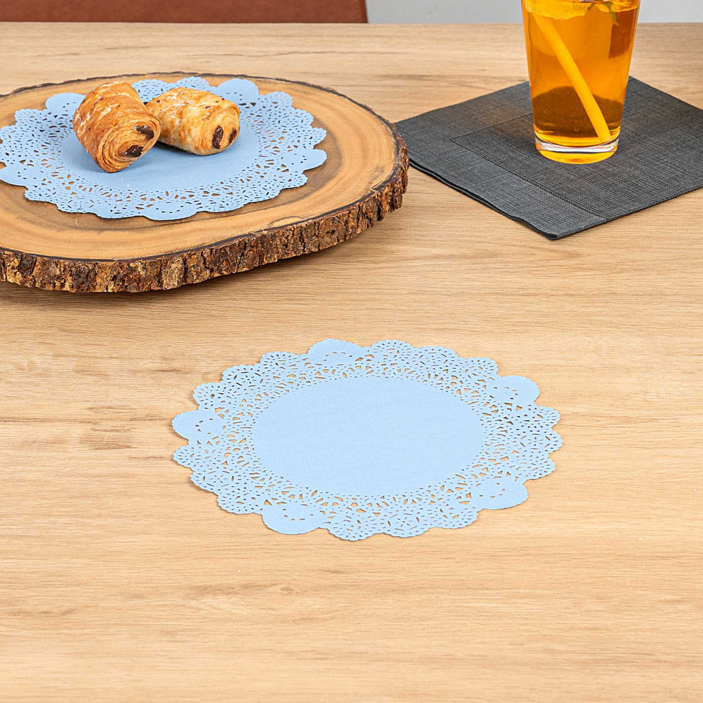 Pastry Tek Round Sky Blue Paper Doilies - Lace - 8" x 8" - 100 count box
