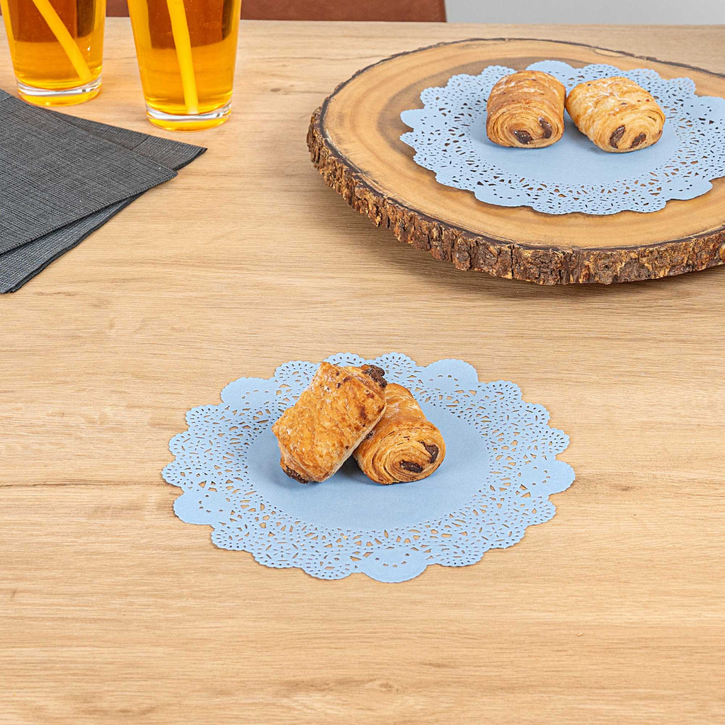 Pastry Tek Round Sky Blue Paper Doilies - Lace - 8" x 8" - 4000 count box