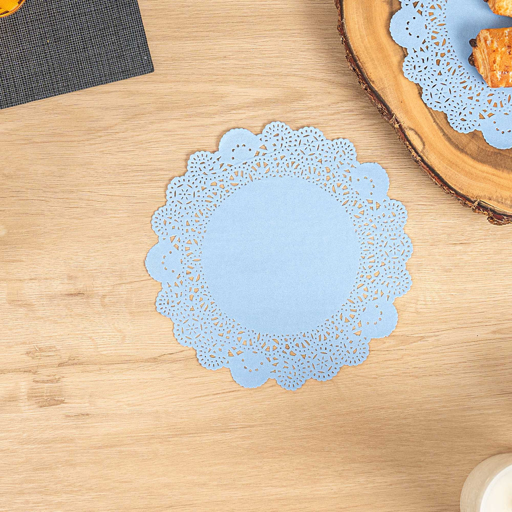 Pastry Tek Round Sky Blue Paper Doilies - Lace - 8" x 8" - 4000 count box