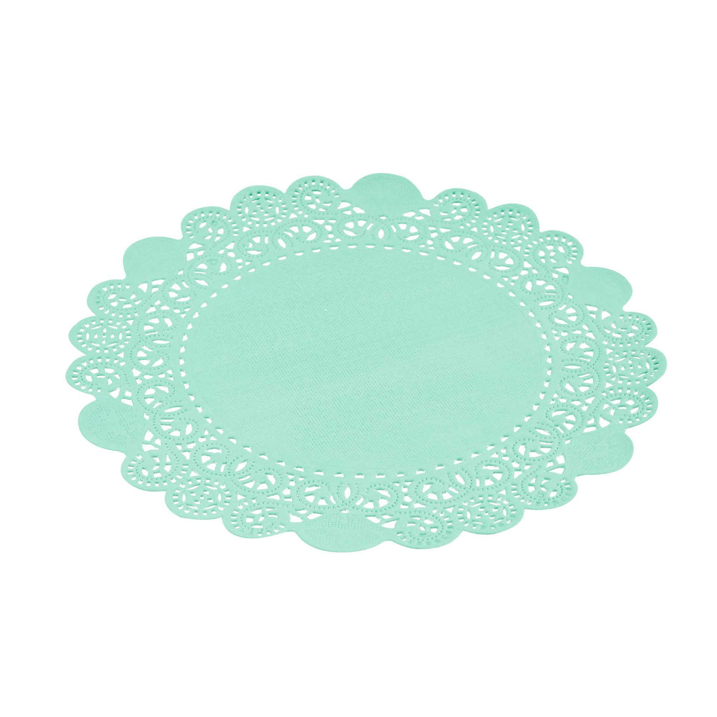 Pastry Tek Round Teal Paper Doilies - Lace - 8" x 8" - 100 count box