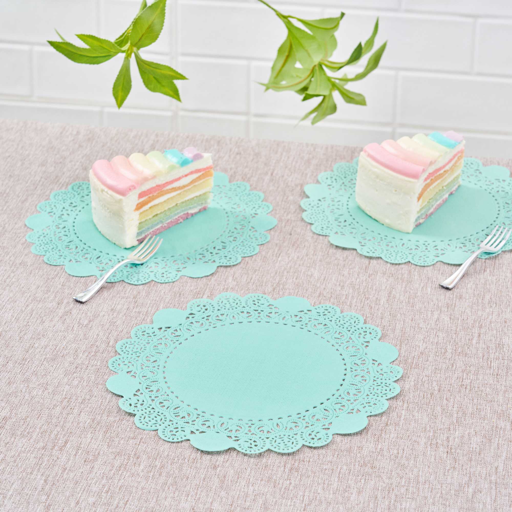 Pastry Tek Round Teal Paper Doilies - Lace - 8" x 8" - 100 count box