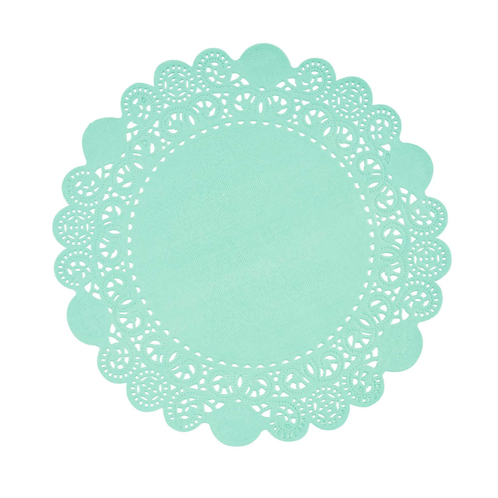 Pastry Tek Round Teal Paper Doilies - Lace - 8" x 8" - 100 count box