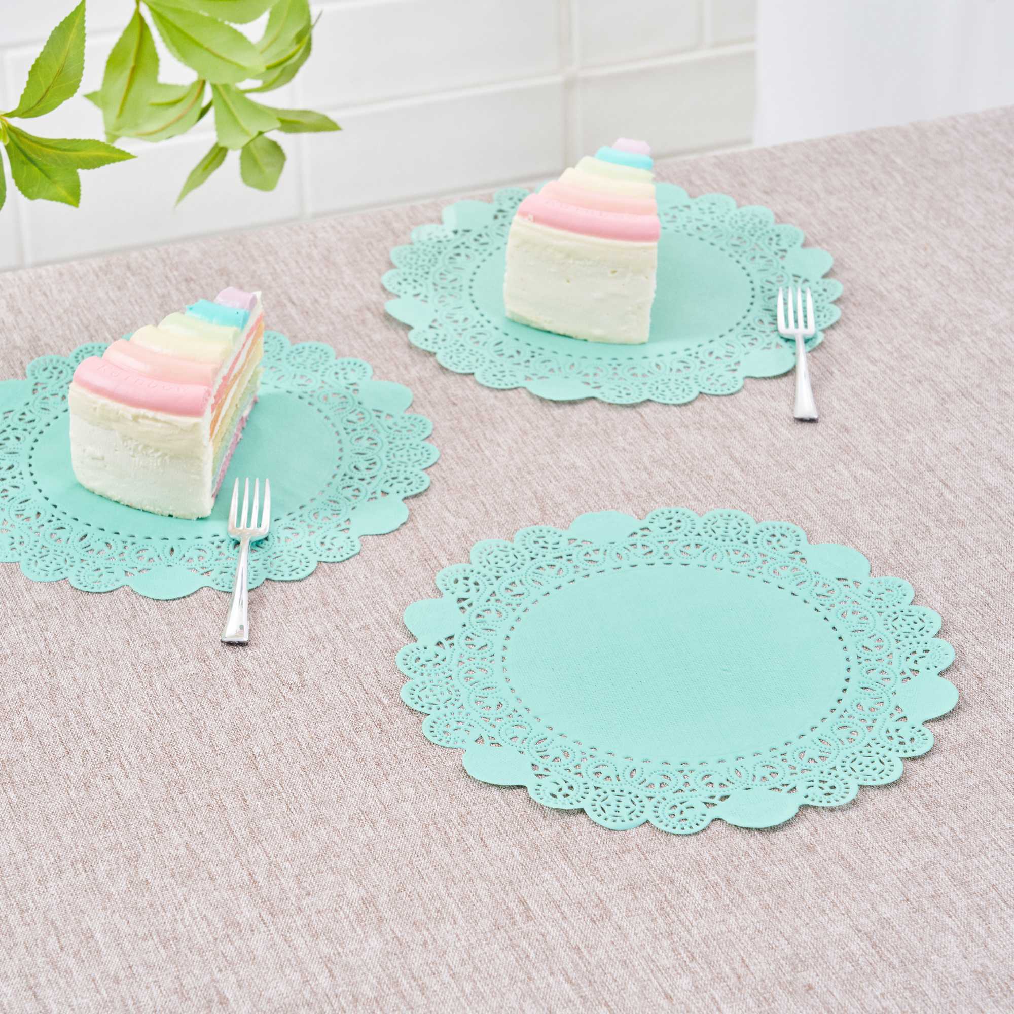 Pastry Tek Round Teal Paper Doilies - Lace - 8" x 8" - 100 count box