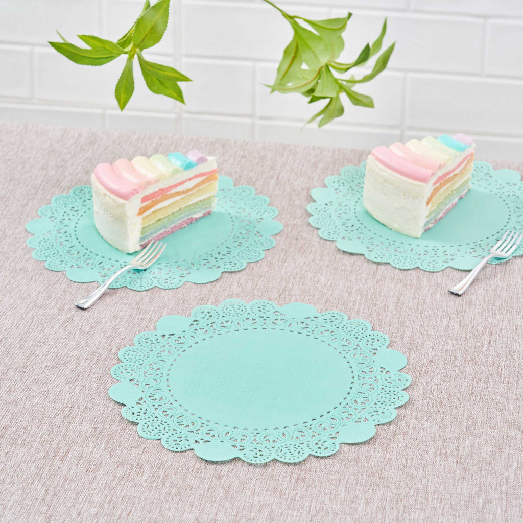 Pastry Tek Round Teal Paper Doilies - Lace - 8" x 8" - 4000 count box