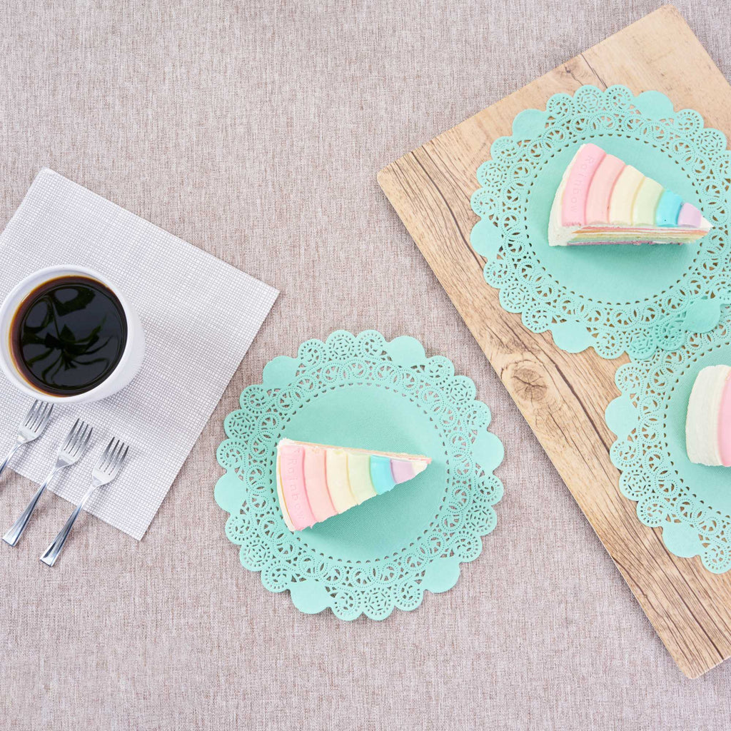 Pastry Tek Round Teal Paper Doilies - Lace - 8" x 8" - 4000 count box