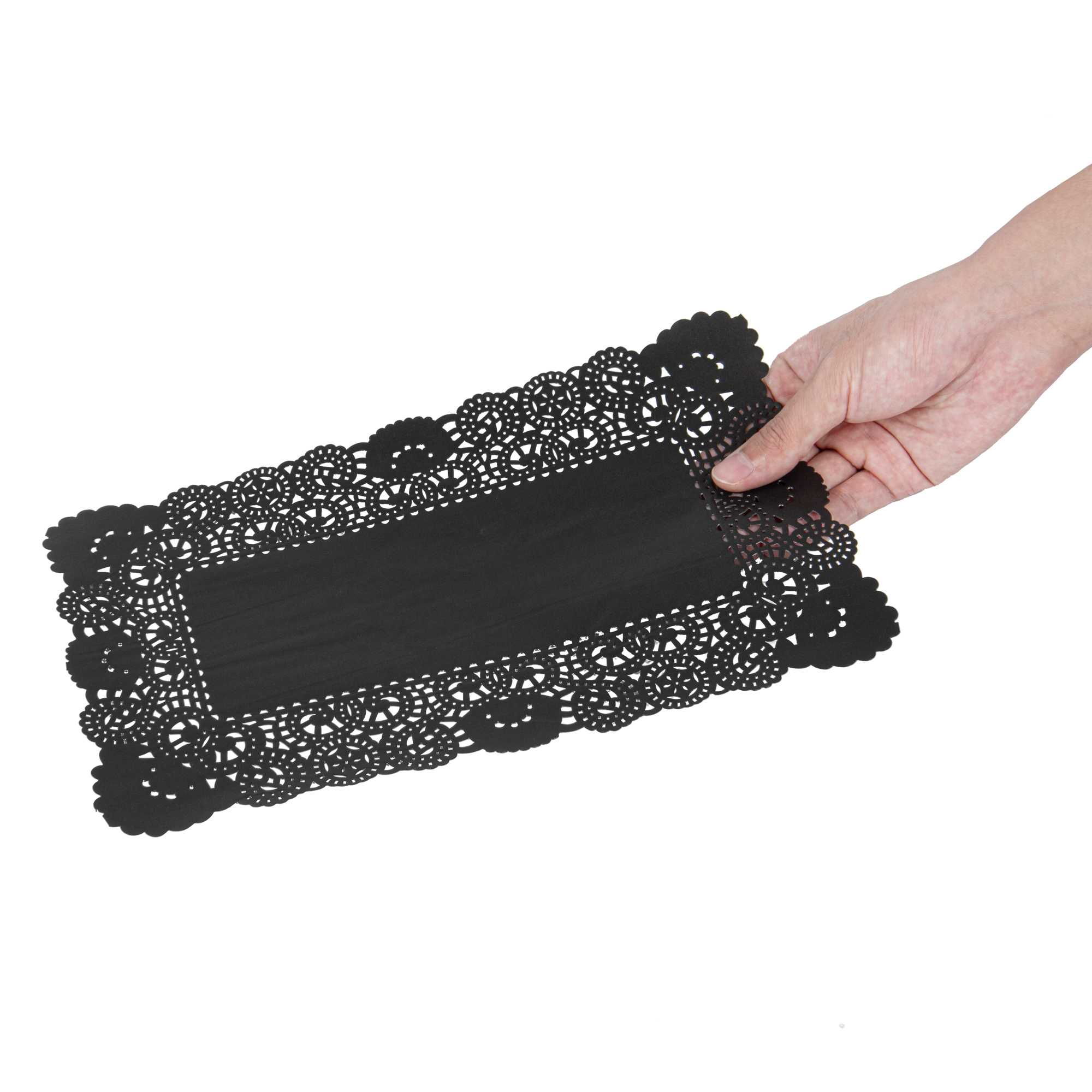 Pastry Tek Rectangle Black Paper Doilies - Lace - 12" x 7" - 100 count box