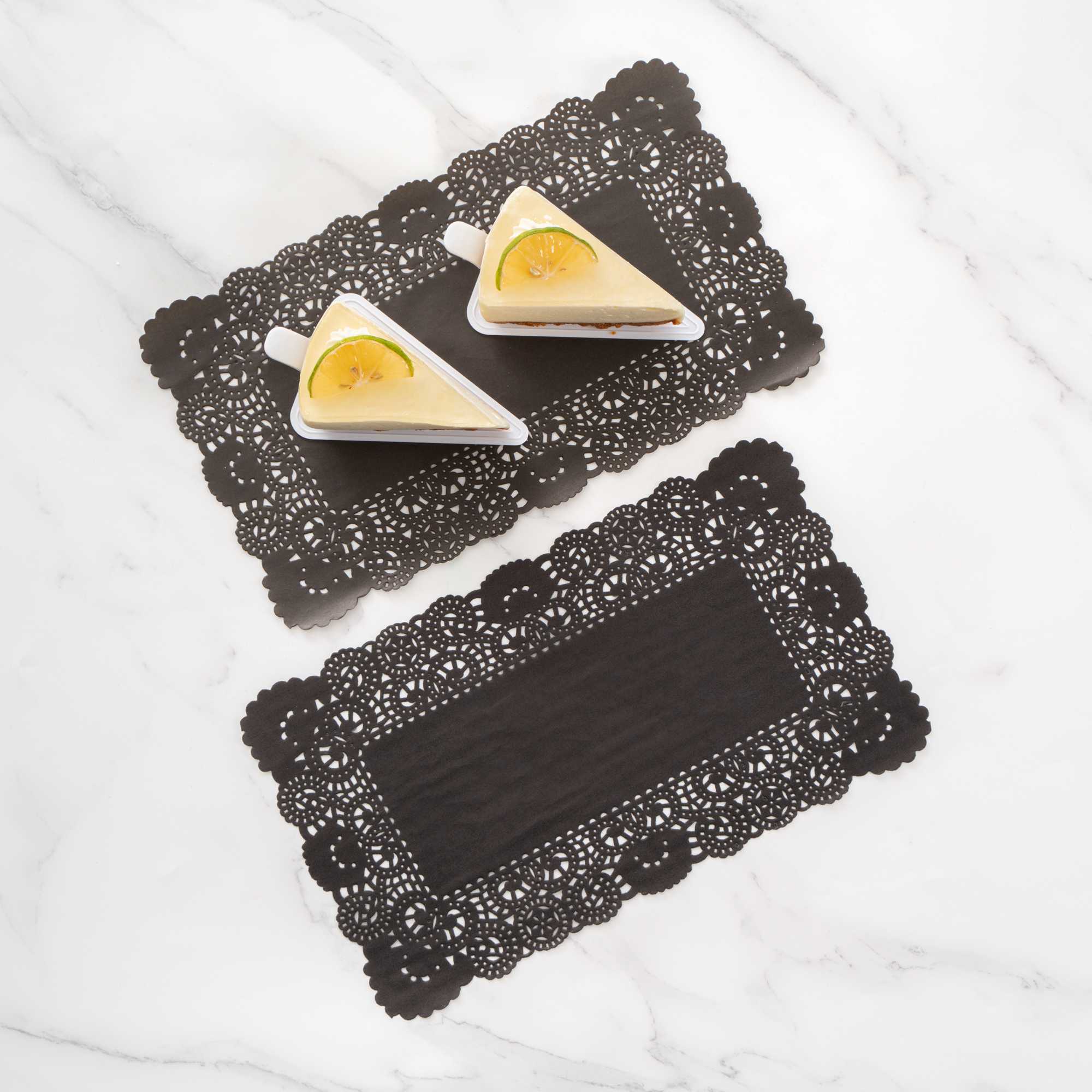 Pastry Tek Rectangle Black Paper Doilies - Lace - 12" x 7" - 100 count box
