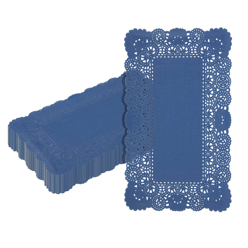 Pastry Tek Rectangle Navy Blue Paper Doilies - Lace - 12" x 7" - 100 count box