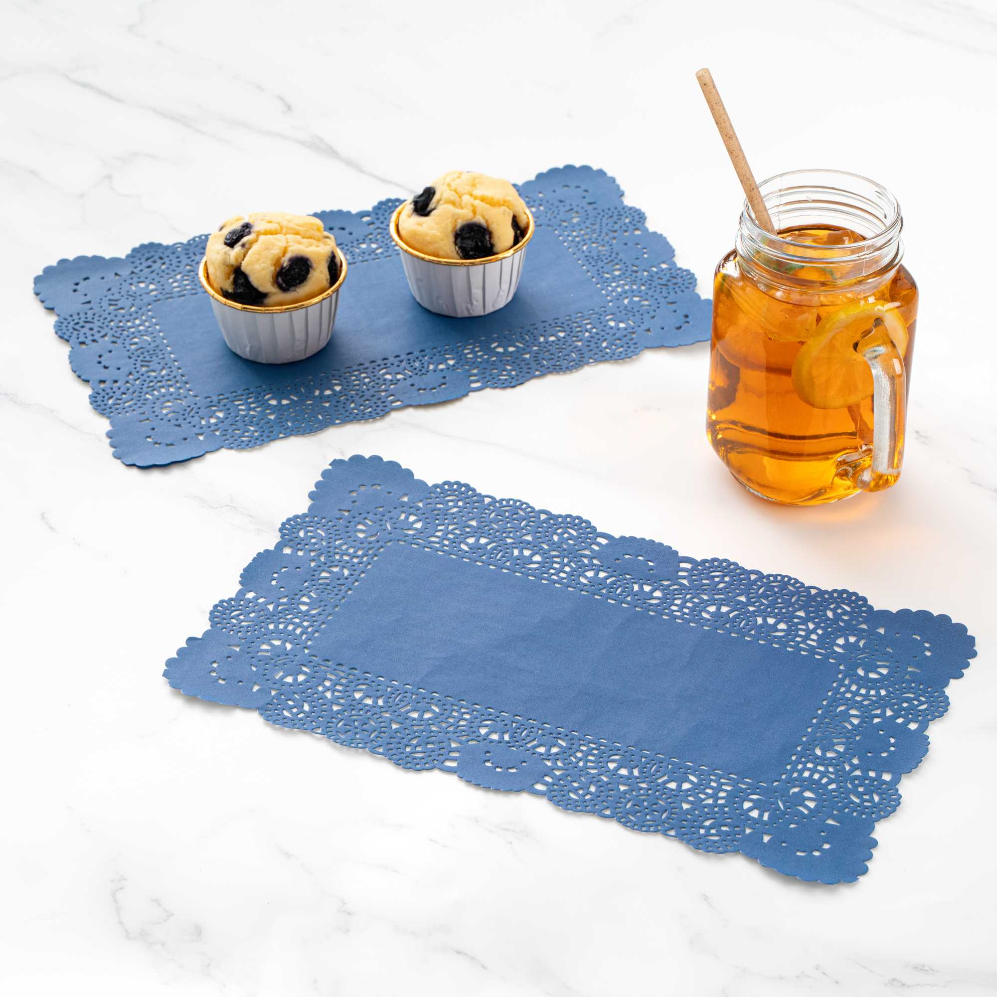 Pastry Tek Rectangle Navy Blue Paper Doilies - Lace - 12" x 7" - 100 count box