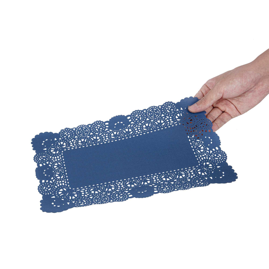 Pastry Tek Rectangle Navy Blue Paper Doilies - Lace - 12" x 7" - 100 count box