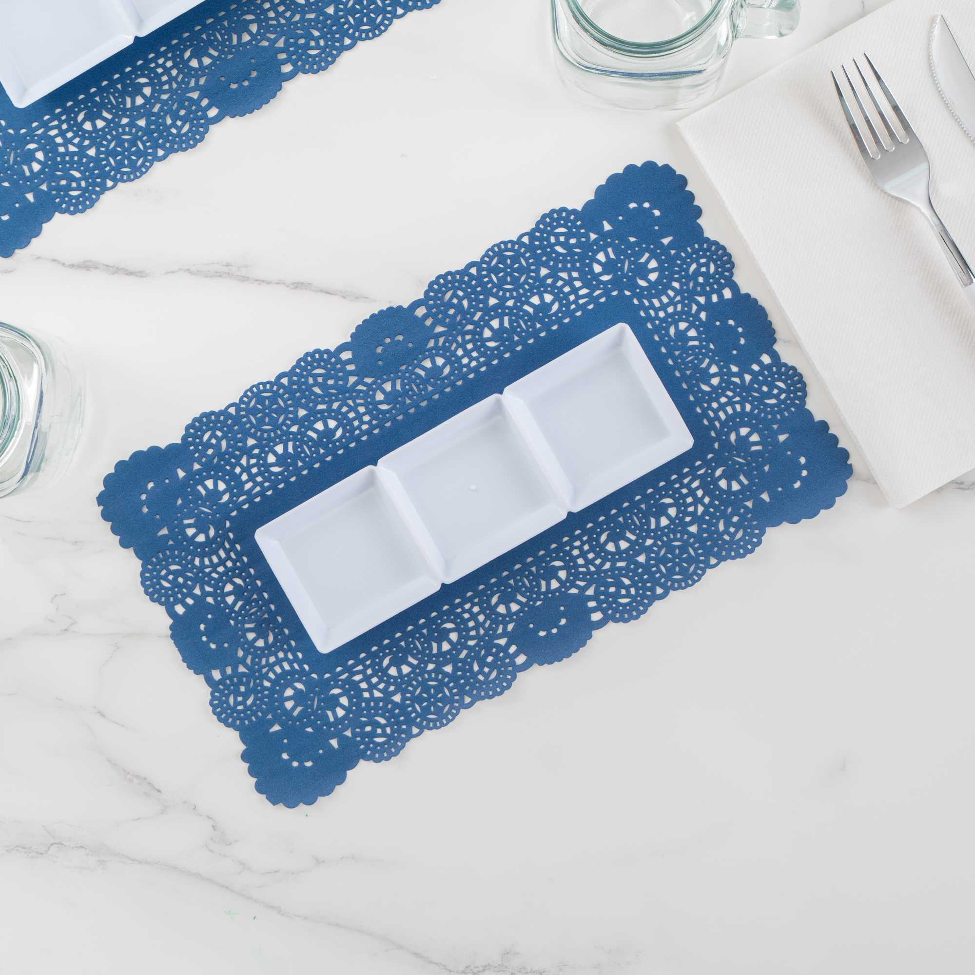 Pastry Tek Rectangle Navy Blue Paper Doilies - Lace - 12" x 7" - 100 count box