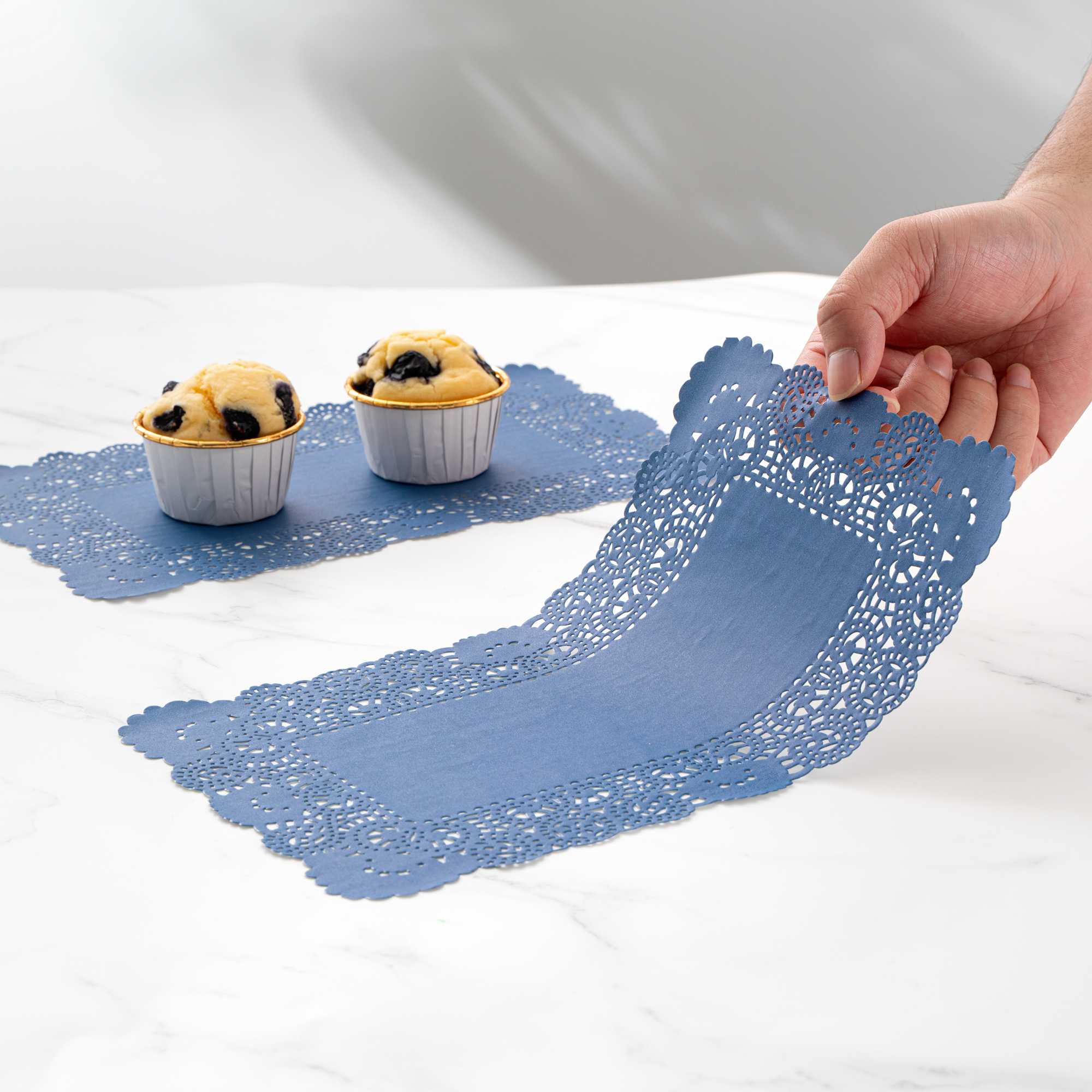 Pastry Tek Rectangle Navy Blue Paper Doilies - Lace - 12" x 7" - 4000 count box
