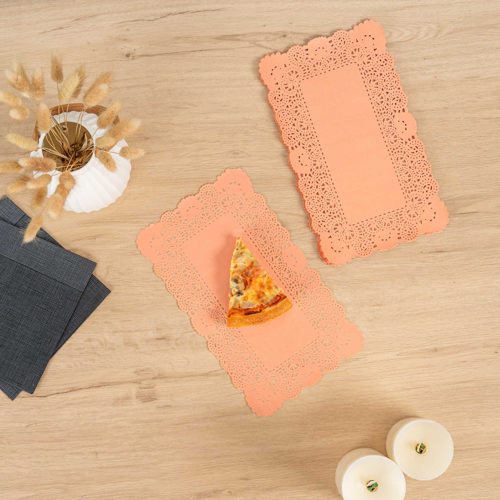 Pastry Tek Rectangle Coral Paper Doilies - Lace - 12" x 7" - 100 count box