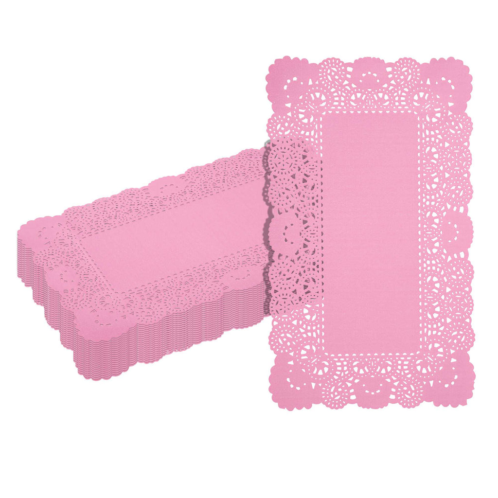 Pastry Tek Rectangle Pink Paper Doilies - Lace - 12" x 7" - 100 count box