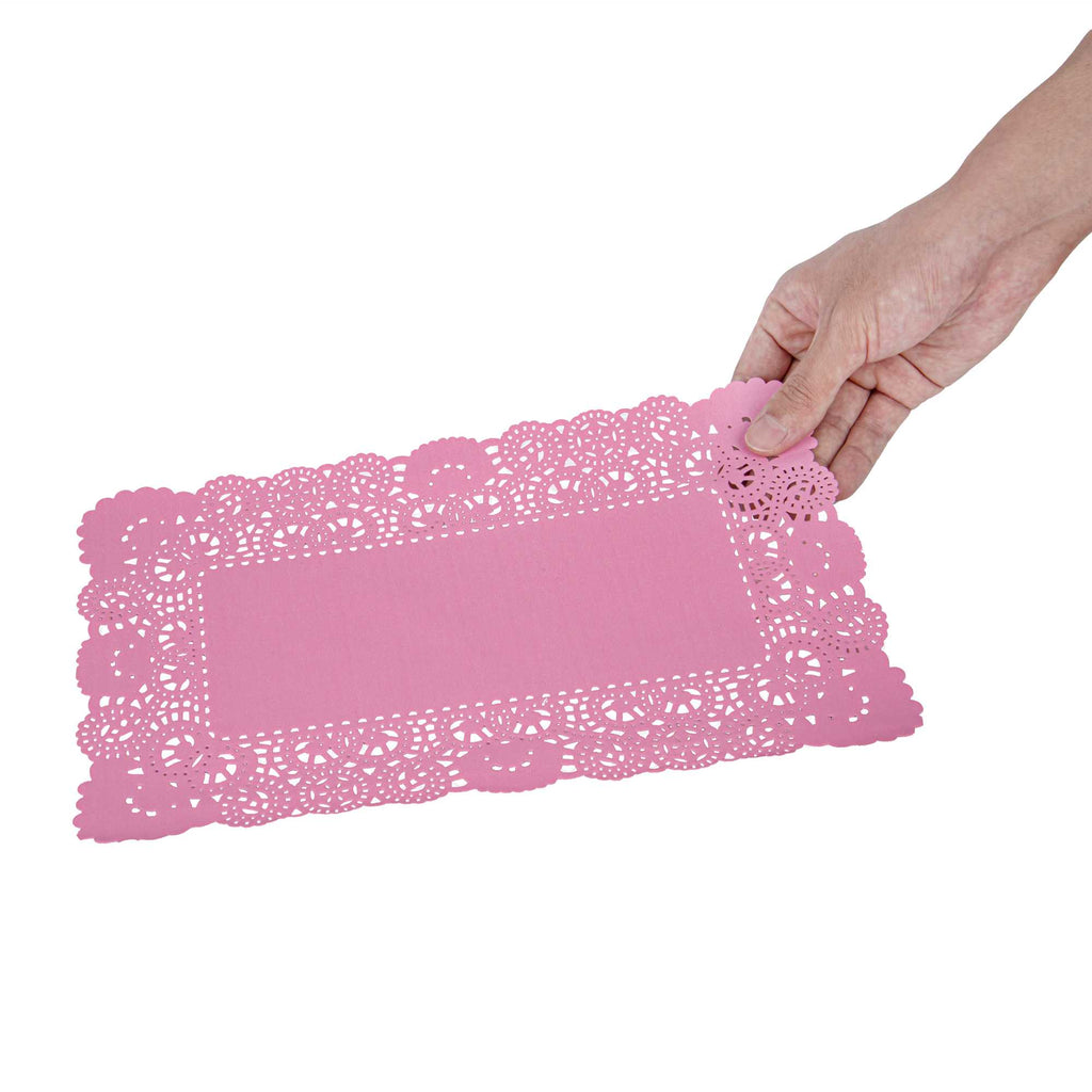 Pastry Tek Rectangle Pink Paper Doilies - Lace - 12" x 7" - 100 count box