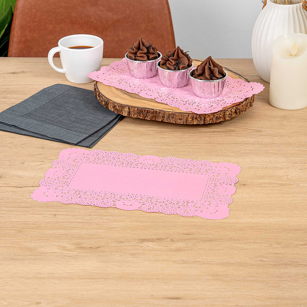 Pastry Tek Rectangle Pink Paper Doilies - Lace - 12" x 7" - 100 count box